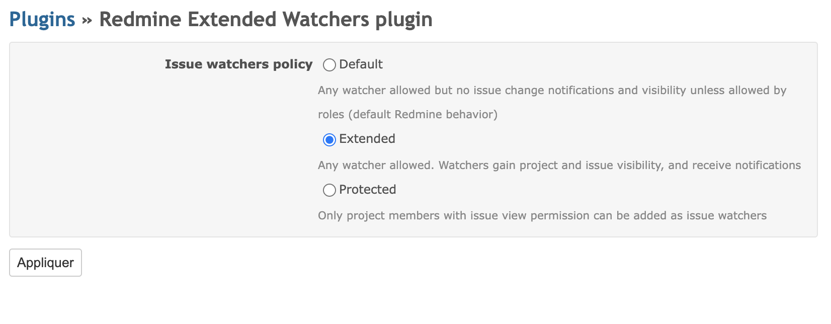 Configuration du plugin Redmine Extended Watchers plugin