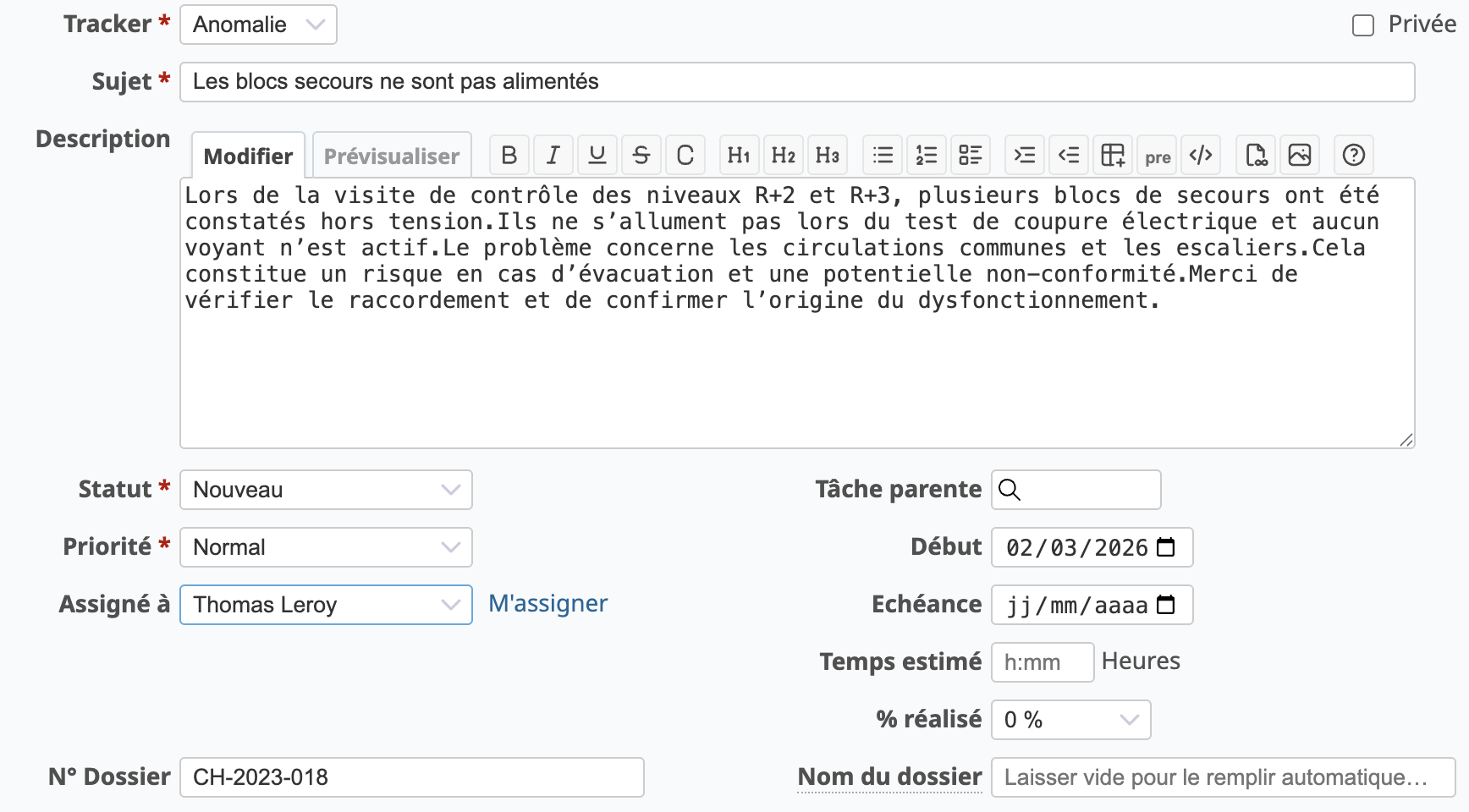 Exemple de ticket d'anomalie